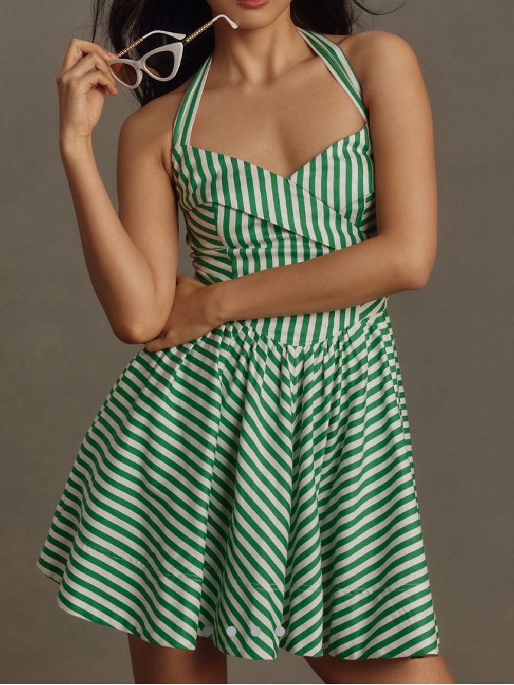 Anthropologie/Maeve Green and White Halter Fit & Flare Mini Dress